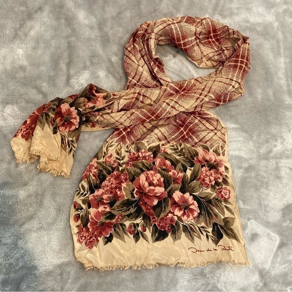 Vintage Oscar de la Renta Silk Floral Plaid Scarf Raw Fringe Wrap Designer